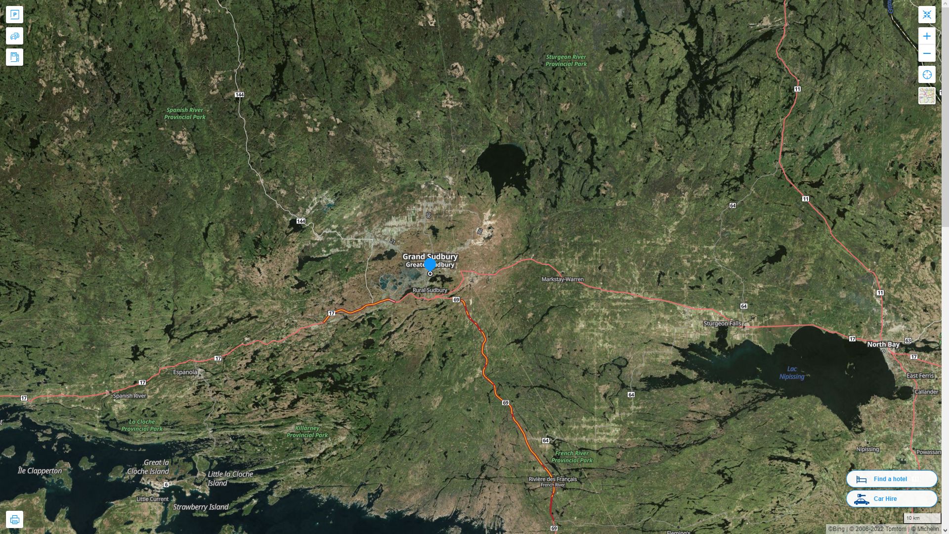 Sudbury Canada Autoroute et carte routiere avec vue satellite